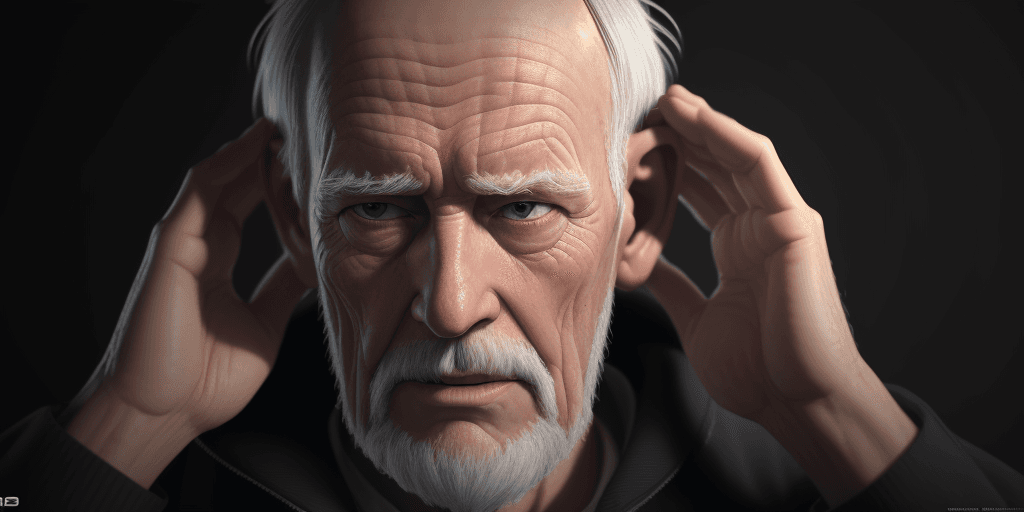 AI generated: An old man covering his ears after hearing sounds , cinematic, hyper realism, high detail, octane re...