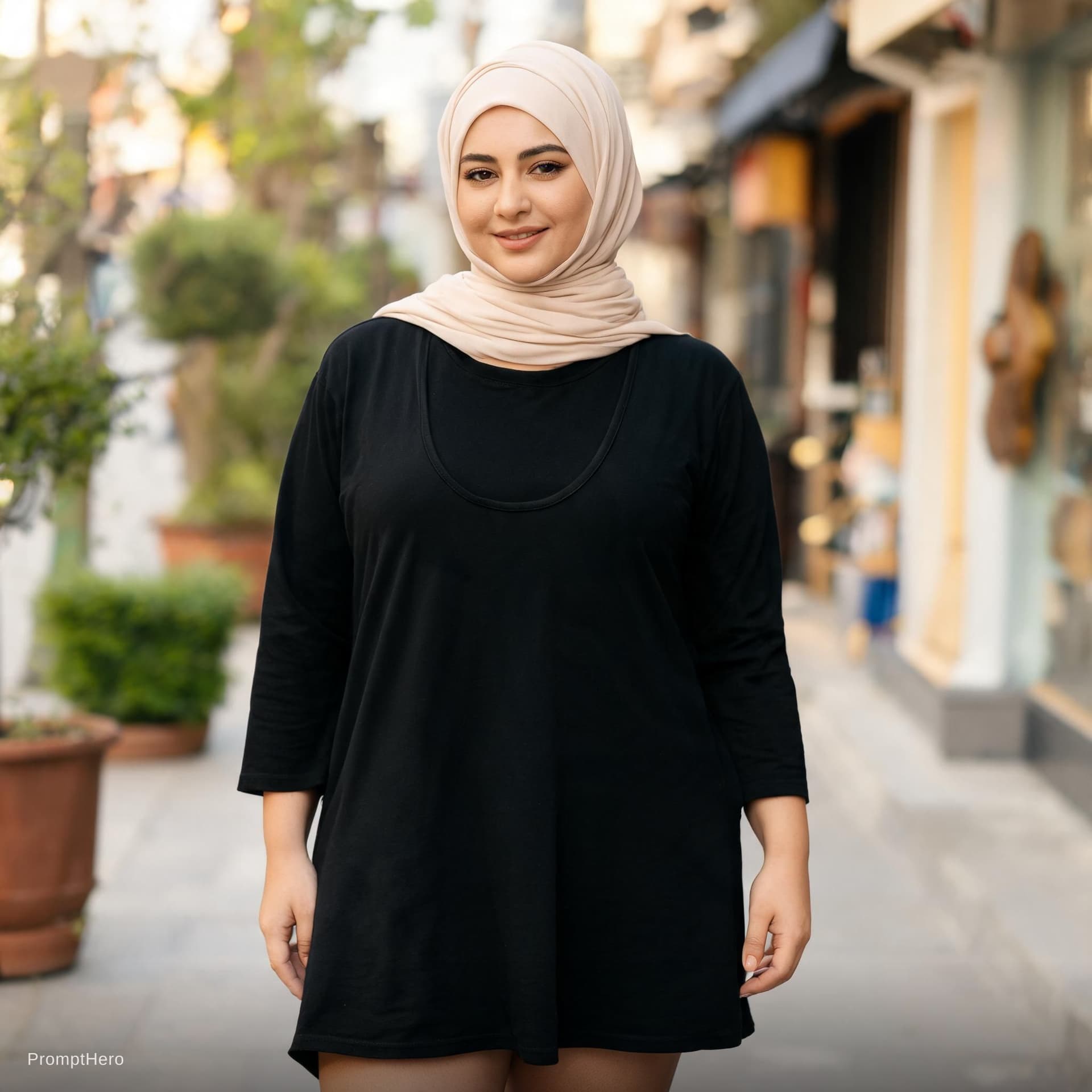AI generated: Curvy turkish hijab women 35 age. Thigs black cottom dress and tshirt