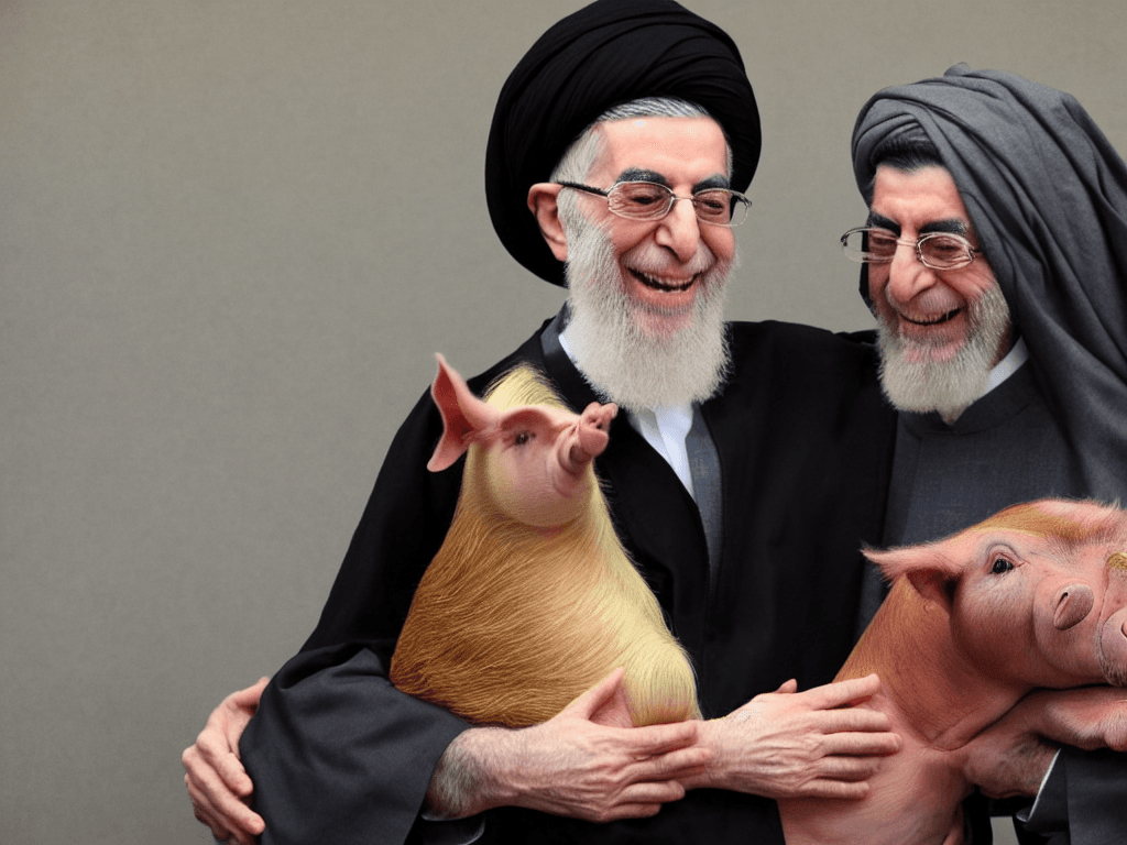 AI generated: portrait of ali khamenei hugging a pig and laughing