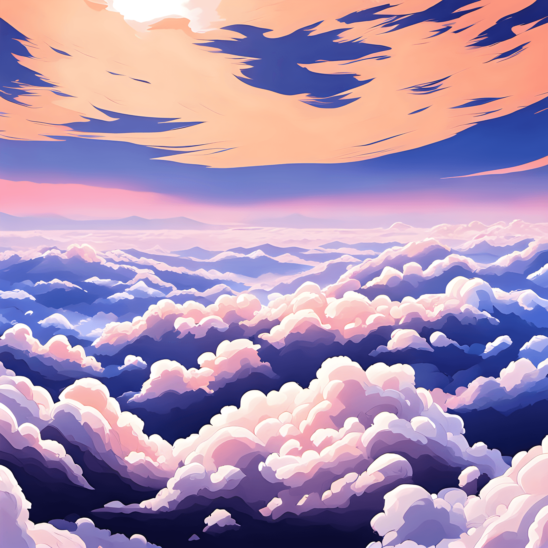 AI generated: (masterpiece),Beautiful sky from top of the clouds,fluffy clouds,clouds flowting near the mountain,n...