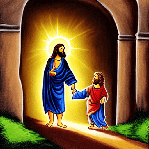 AI generated: jesus taking someone by his hand and walking towards the gates of heaven. use warm collors
