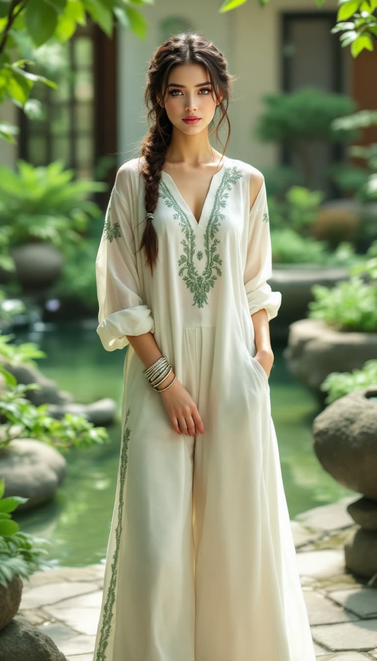 AI generated: A captivating portrait of a serene woman, art style, wearing a green and white ensemble. She sports ...