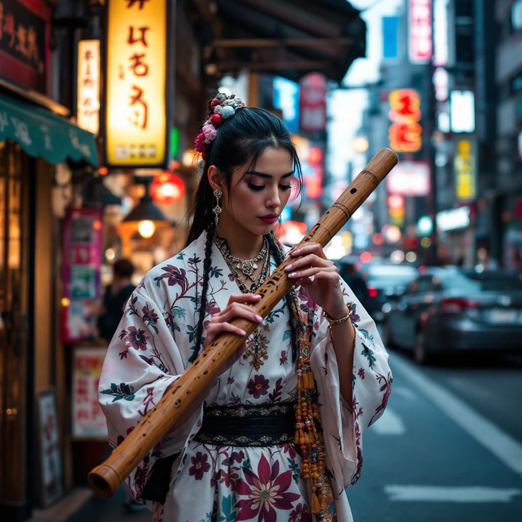 AI generated: Hyperralistic poster of a peruvian wooden flute in Tokyo. aesthetic merges contemporary fashion with...