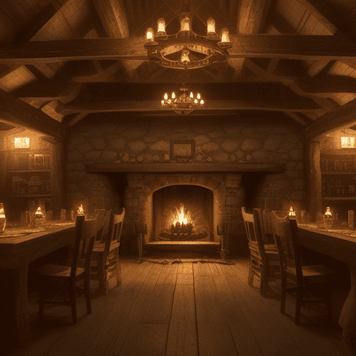 AI generated: Cozy Hearth Tavern, Haven of Stories. Illuminated by warm, flickering candlelight, this bustling tav...