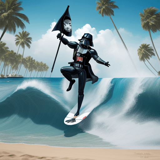 AI generated: Create a hyper-detailed and realistic caricature of Darth Vader on an exotic beach surfing a massive...