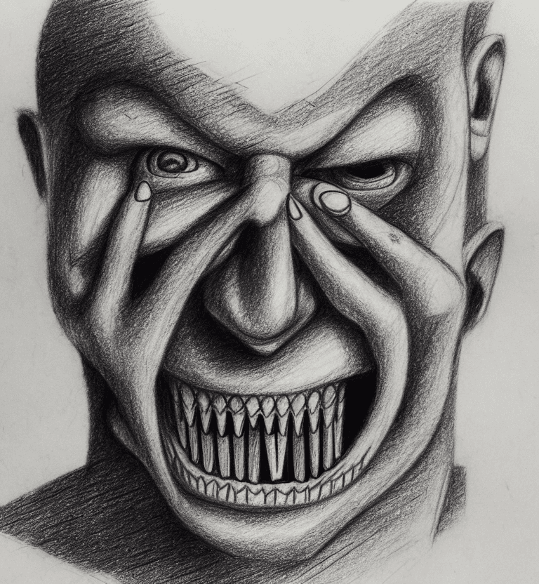 AI generated: [(whole human face with teeth):1], pencil drawing, trembling design, many cancellations, overhanging...