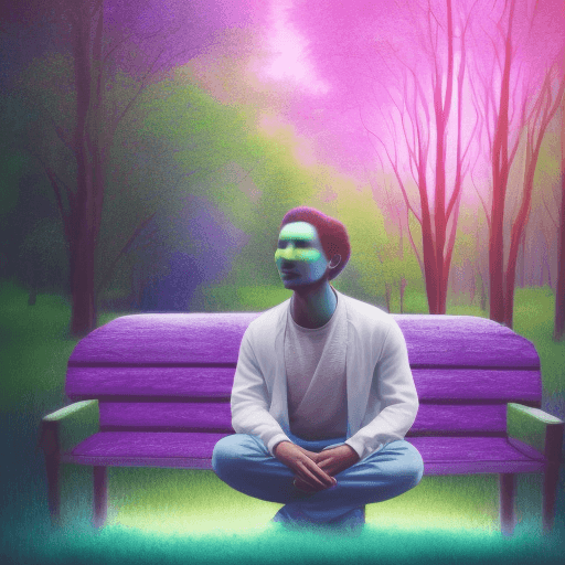 AI generated: color photo of a pair of ethereal auras, radiating love and connection, seated on a bench in front o...