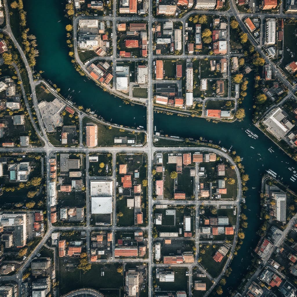 AI generated: a simple but orderly bird's eye view of a city on a flat and hard-packed area with water sources and...