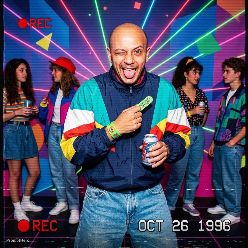 AI generated: Kooky portraits of 90’s mall teens in retro clothing, shot on VHS