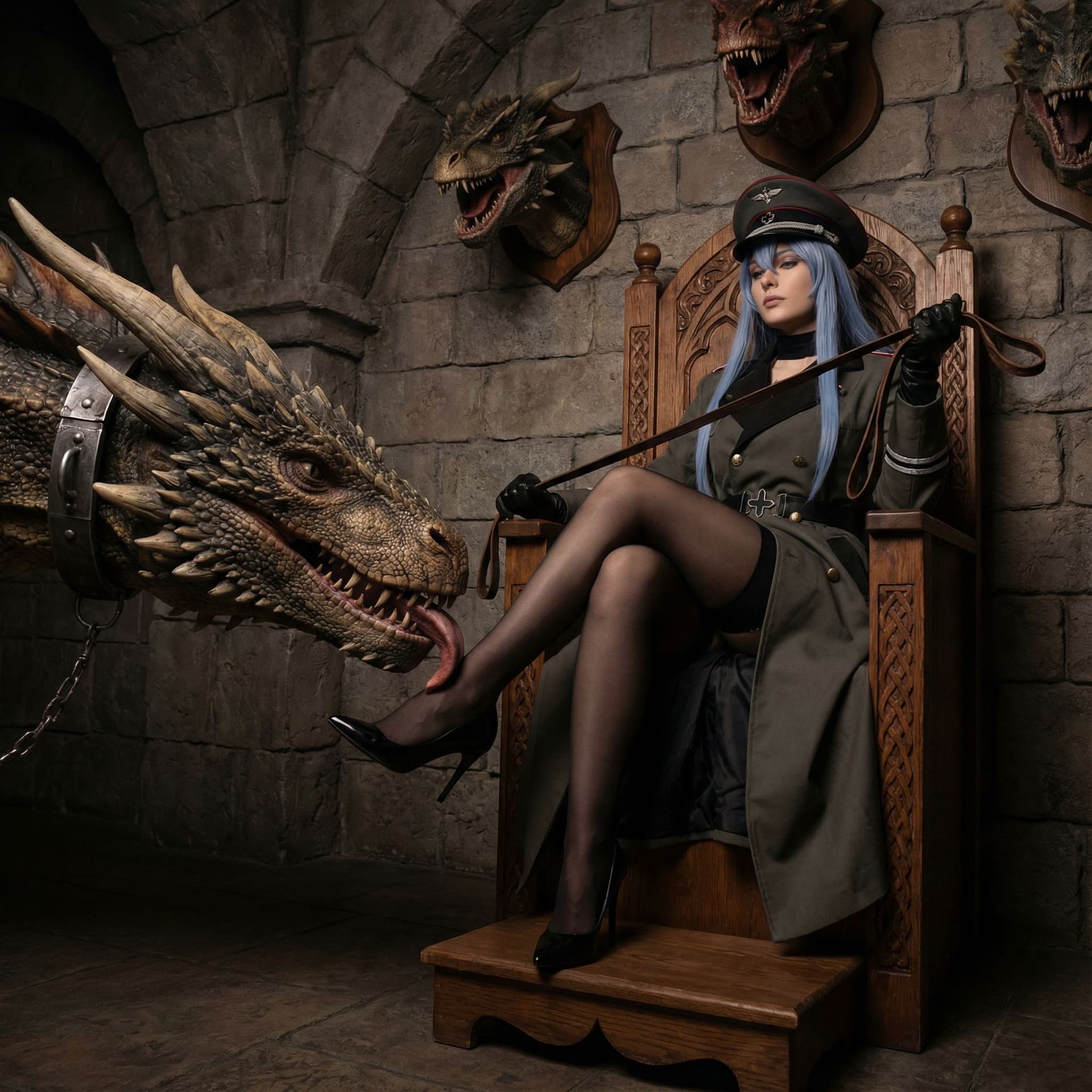 AI generated: Esdeath sitting on the throne and forced Smaug to lick her stockings feet, squeezing his collar on h...
