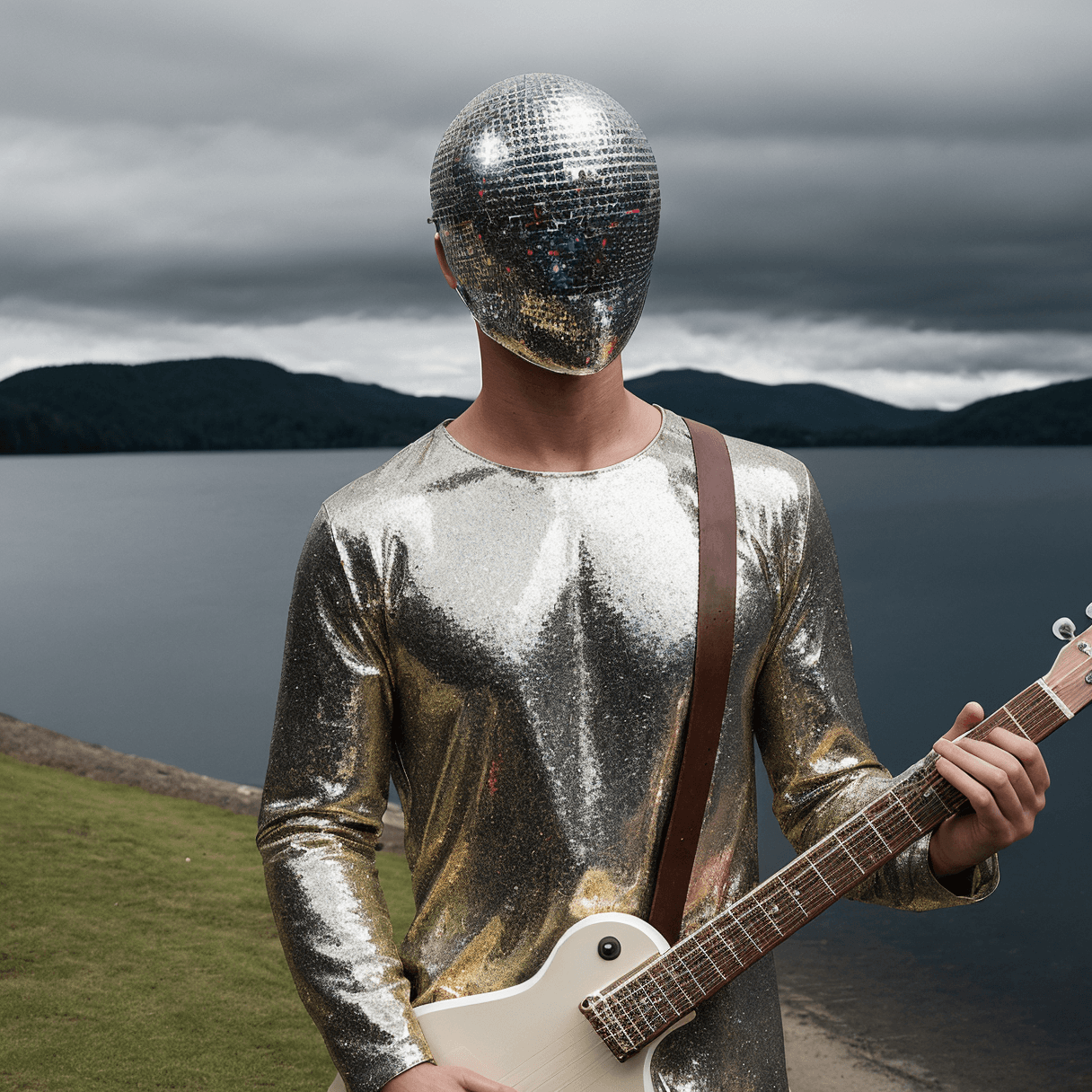 AI generated: A photograph of a person wearing disco ball faceless halm-mask. [[he person is holding a ukulele mad...