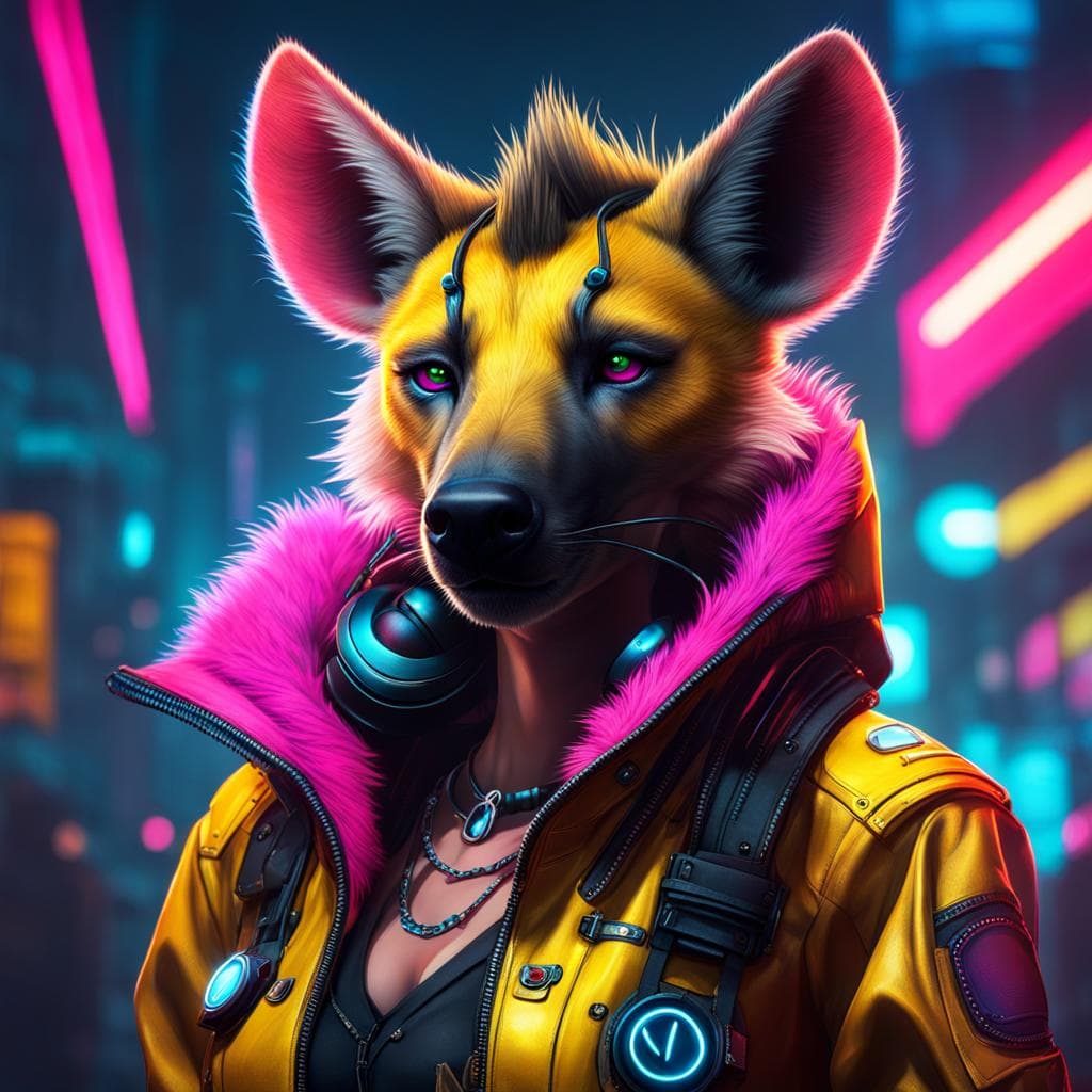AI generated: a hyena female, neon background, wearing cyberpunk jacket, detailed face, insanely detailed, photore...