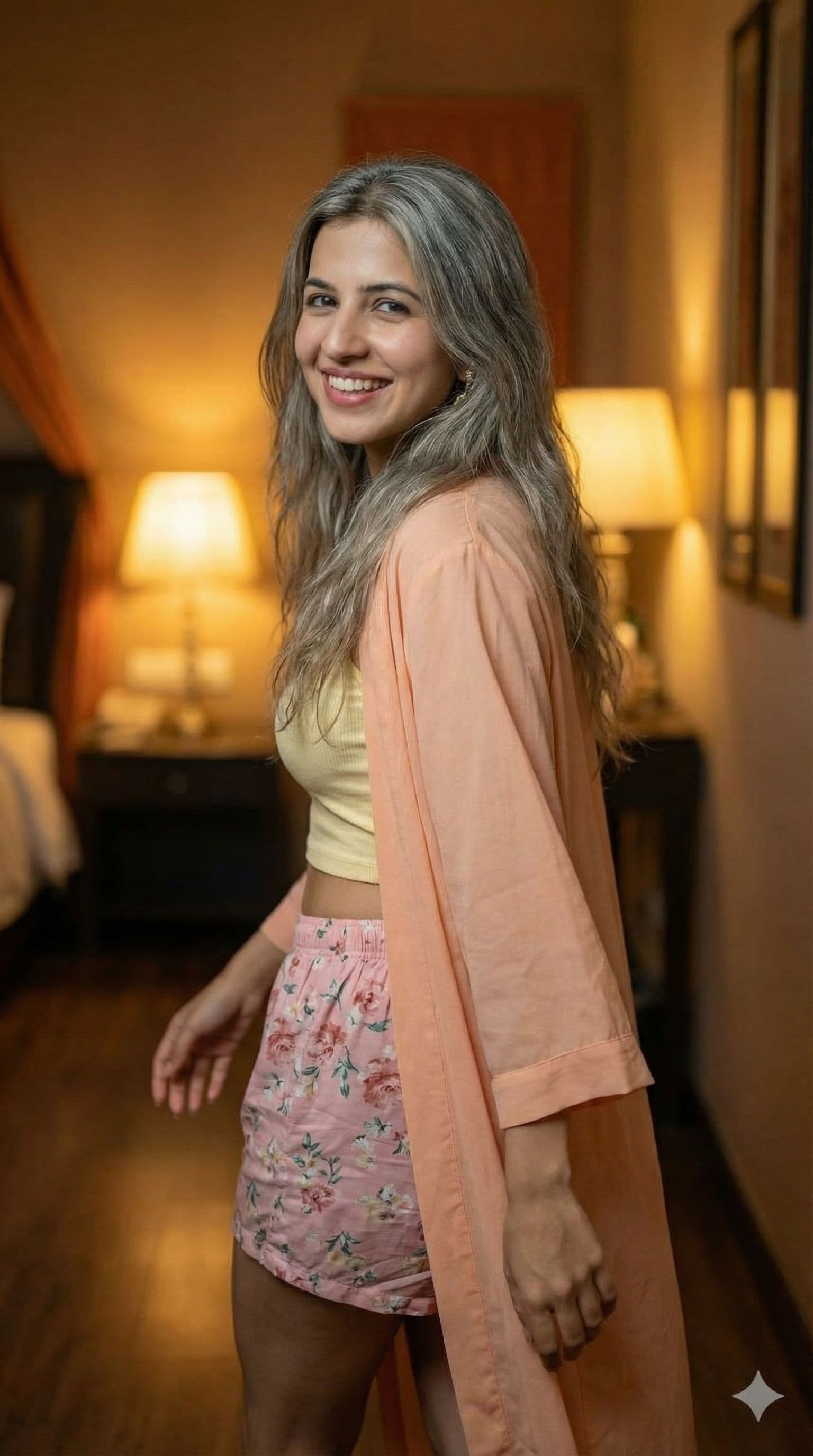 AI generated: 
Have her walking away looking back smiling