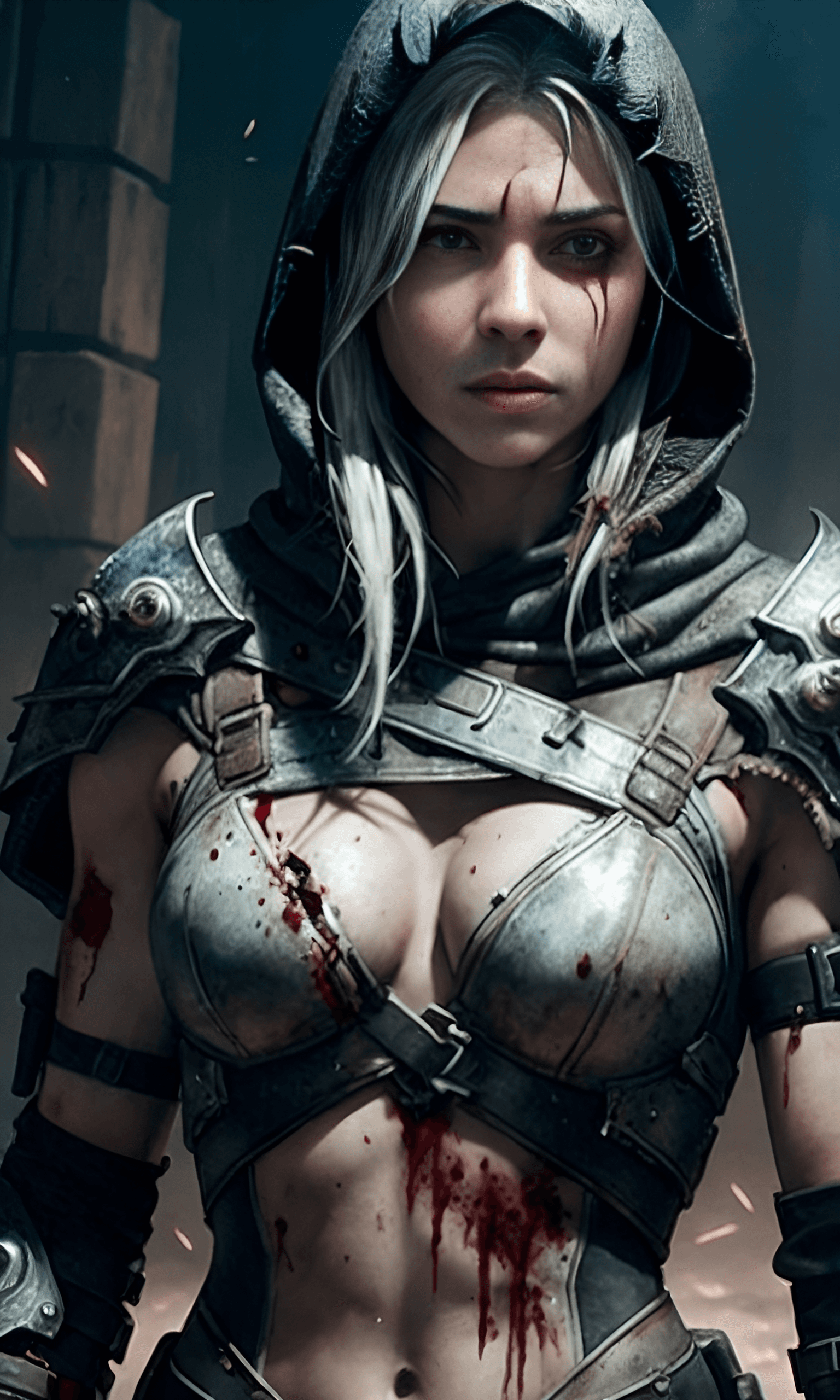 AI generated: A portrait of a post apocalyptic female warrior, horror survivor, empty expression, bleeding splatte...