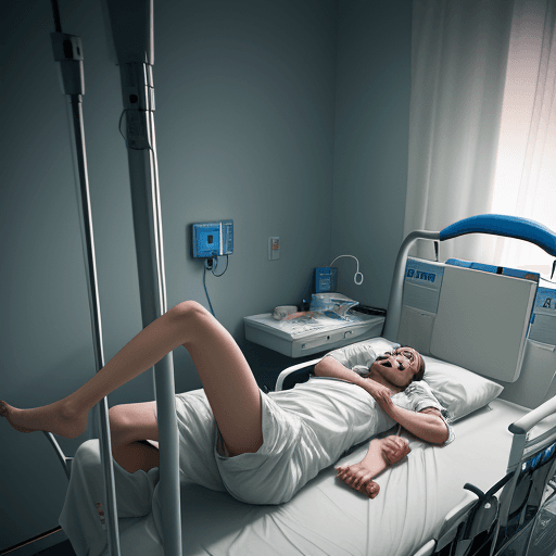 AI generated: High resolution vertical photography of a young patient lying in bed in a hospital room in his last ...
