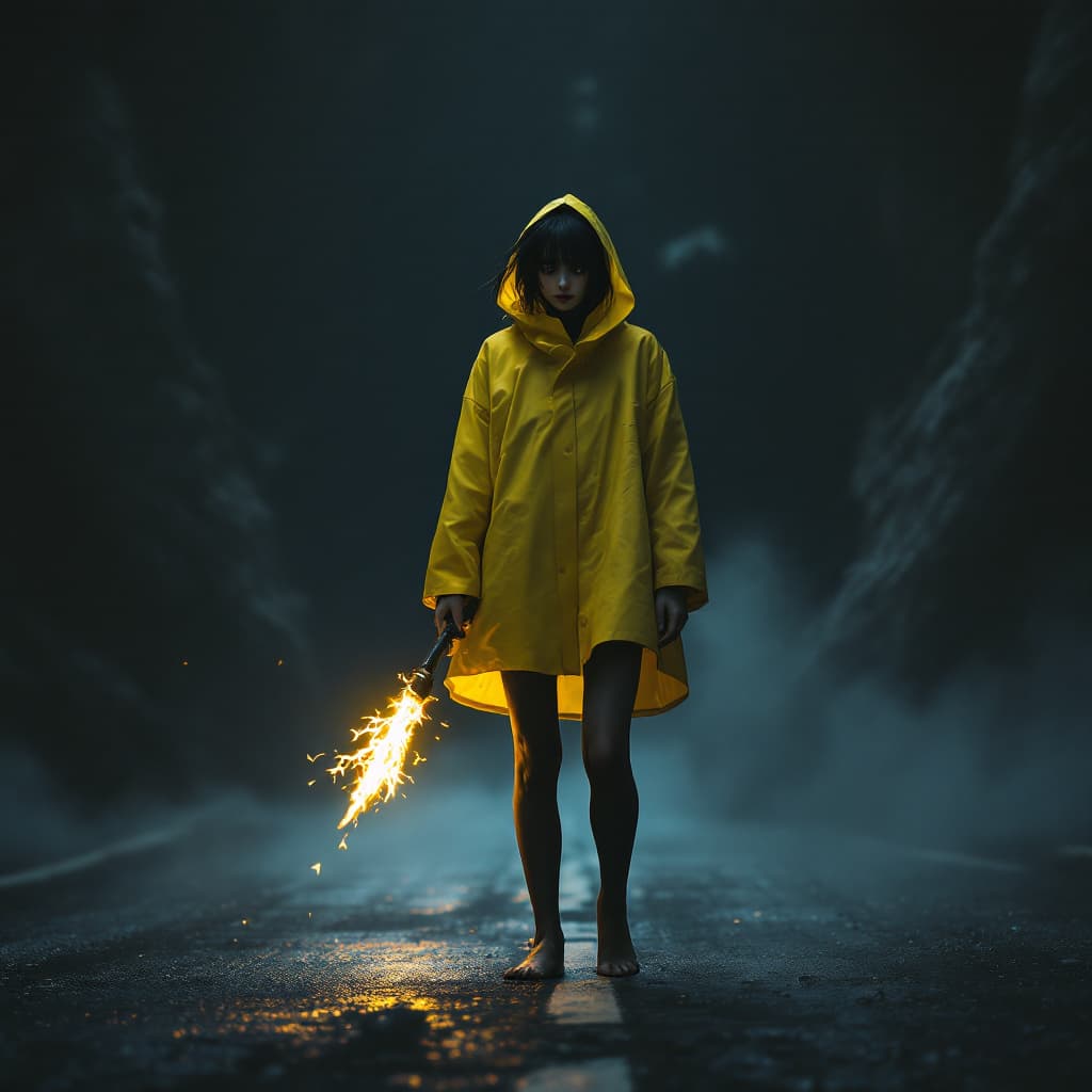 AI generated: full body view of a mysterious 18 year old woman, with messy black hair cut into a bob and long bang...