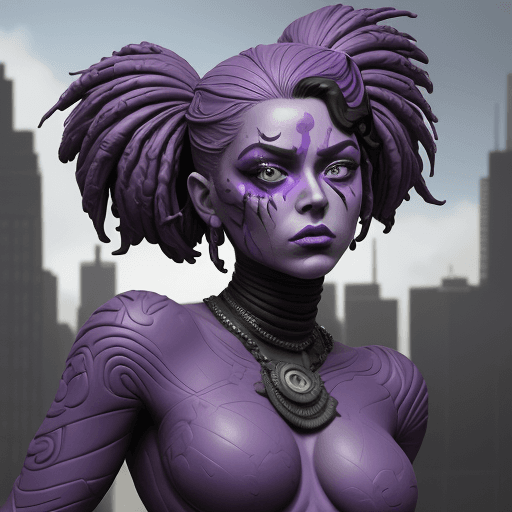 AI generated: A daring action movie character with vibrant purple paint on her face, in the style of intricate cla...