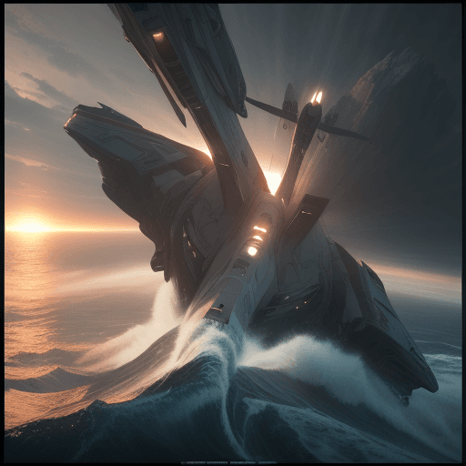 AI generated: Photo of a ultra modern space ship flying above a roiling sea, dramatic light, pale sunrise, cinemat...