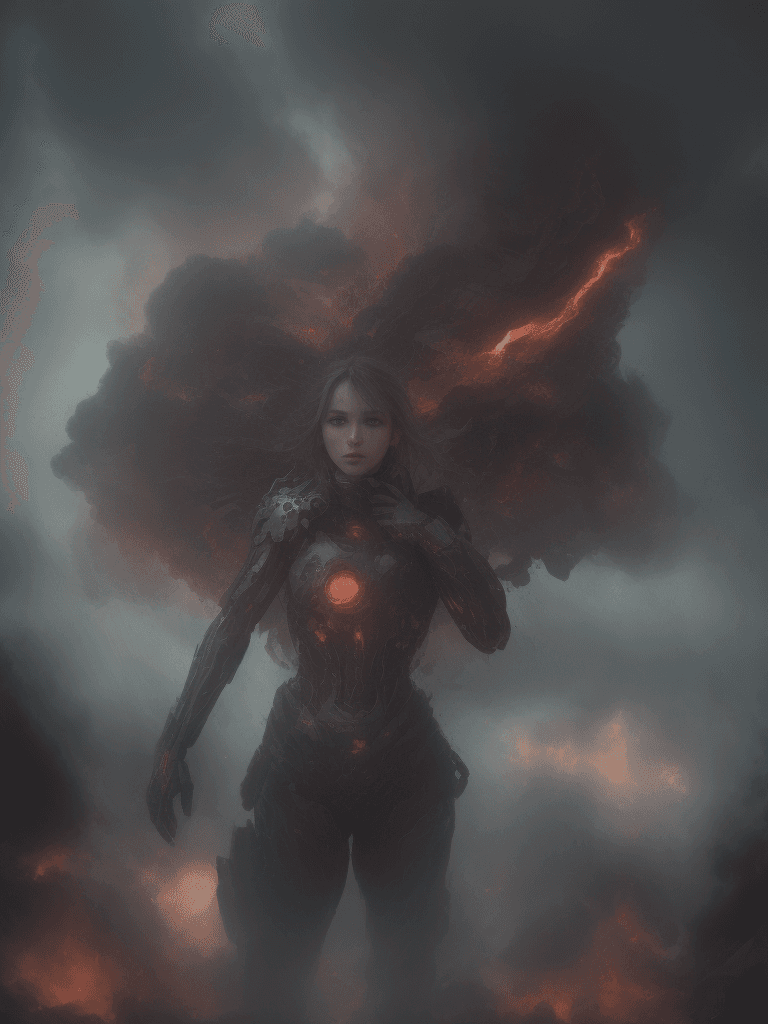 AI generated: chaos explosion, professional portrait, full body, biopunk female, beautiful face, cinematic lightin...