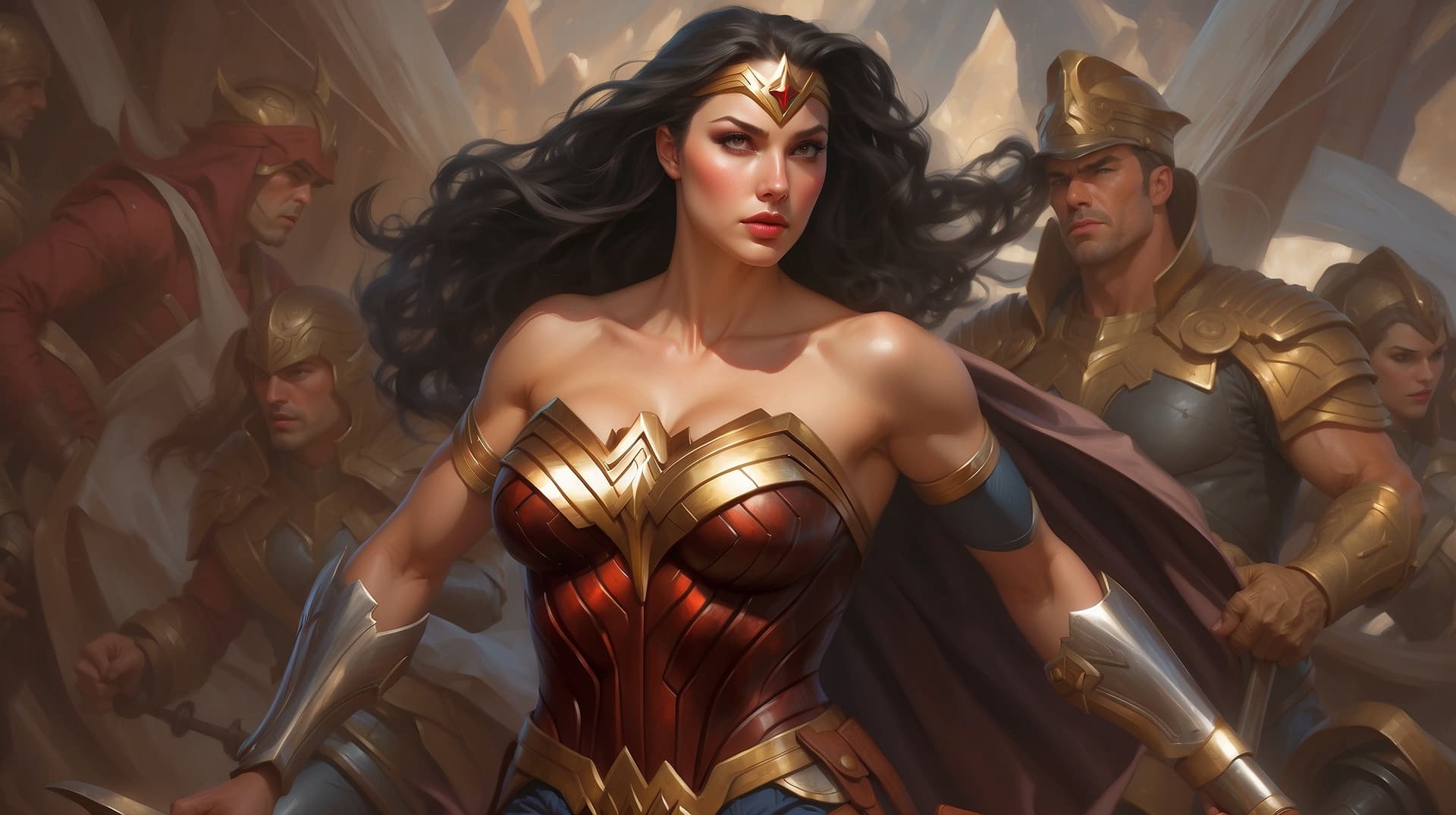 AI generated: muscled Wonderwoman as a ruggedly handsome heroine, intricate, elegant, highly detailed, centered, d...