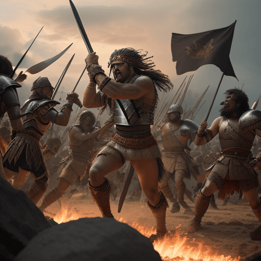 AI generated: "An epic battle sequence with Lapu-Lapu leading his warriors into combat against Magellan's troops, ...