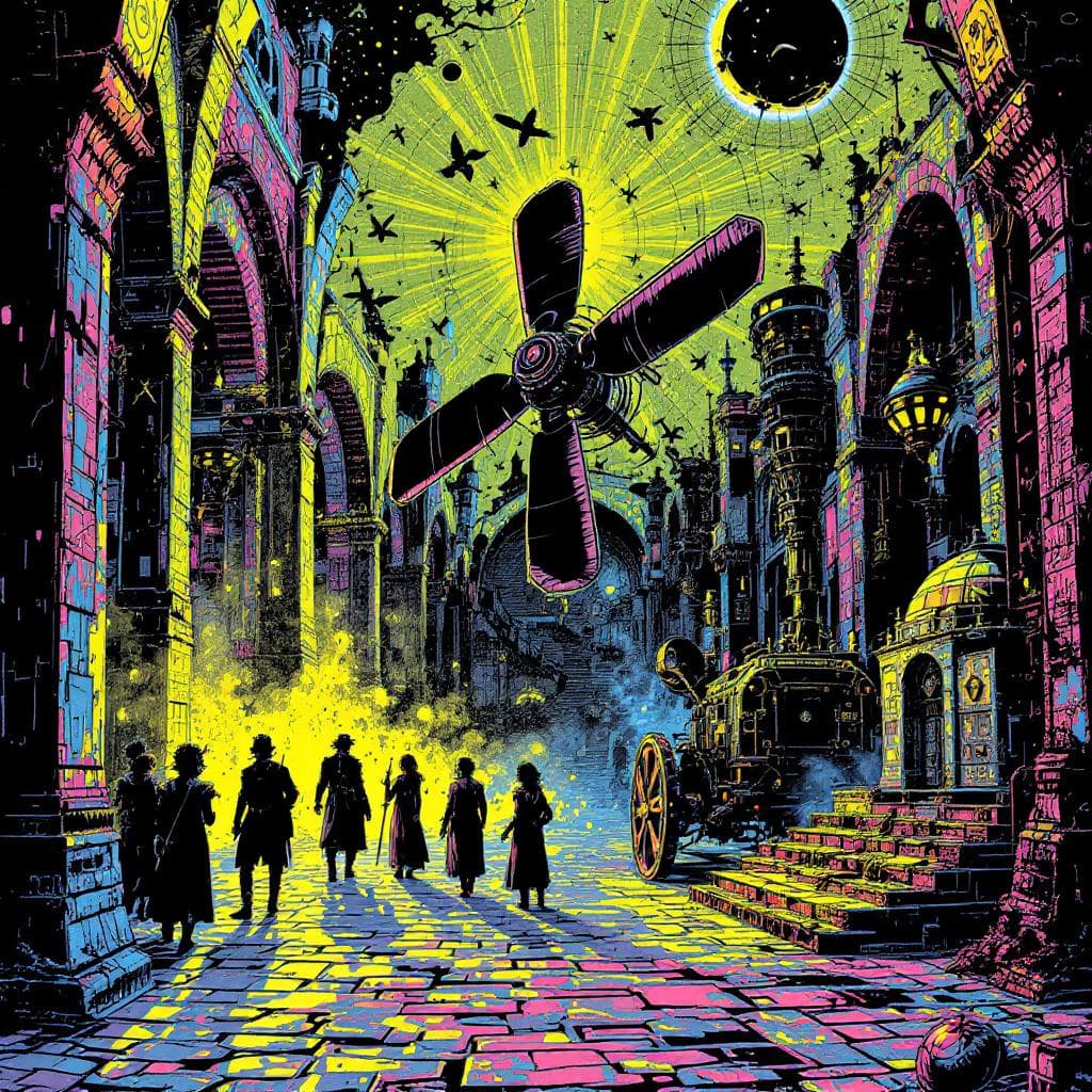 AI generated: Medieval scene, black light graphic pop poster art design featuring  a detailed illustration of what...