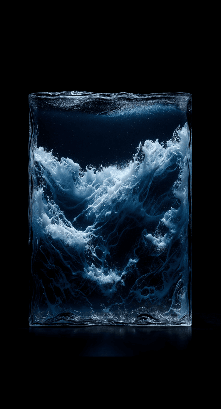 AI generated: conceptual image, waves in a clear box, solid black backdrop --ar 9:16 --raw --profile f775fdj --sty...