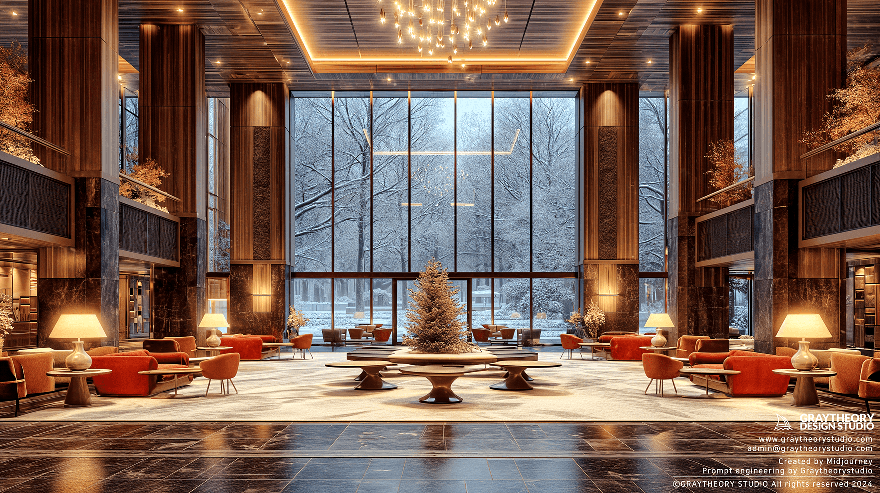 AI generated: Luxury hotel lobby, high ceilings, Eero Saarinen Tulip tables, Serge Mouille ceiling lamps, Leica Q2...