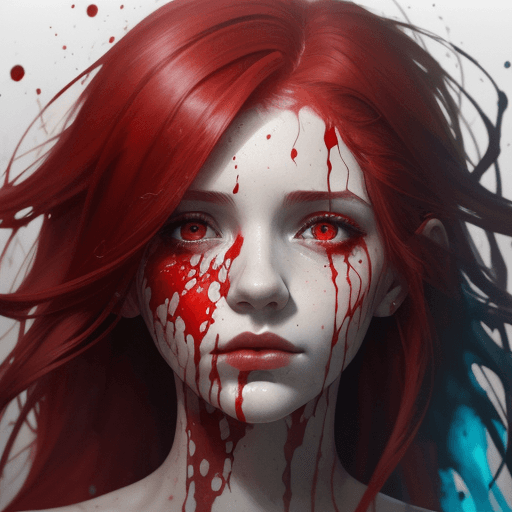 AI generated: A half body portrait of a woman made of blood, half body is submerged in blood, red hair depicting a...