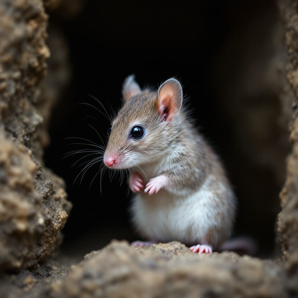AI generated: tiny grey deer mouse in a side view, white belly, photographic image, stock photo style in front of ...
