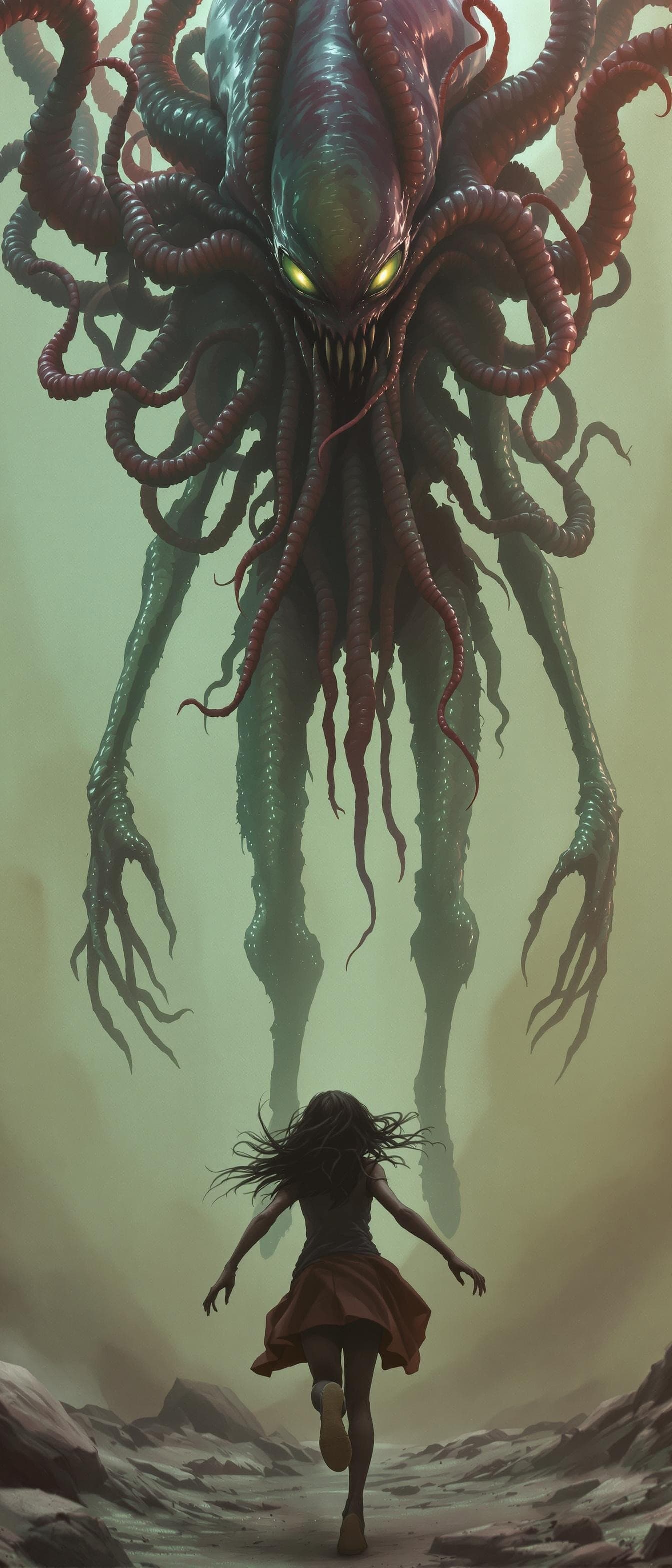 AI generated:  an eerie alien with medusa tentacles in the style of a wild quirky sci-fi movie and a girl running
