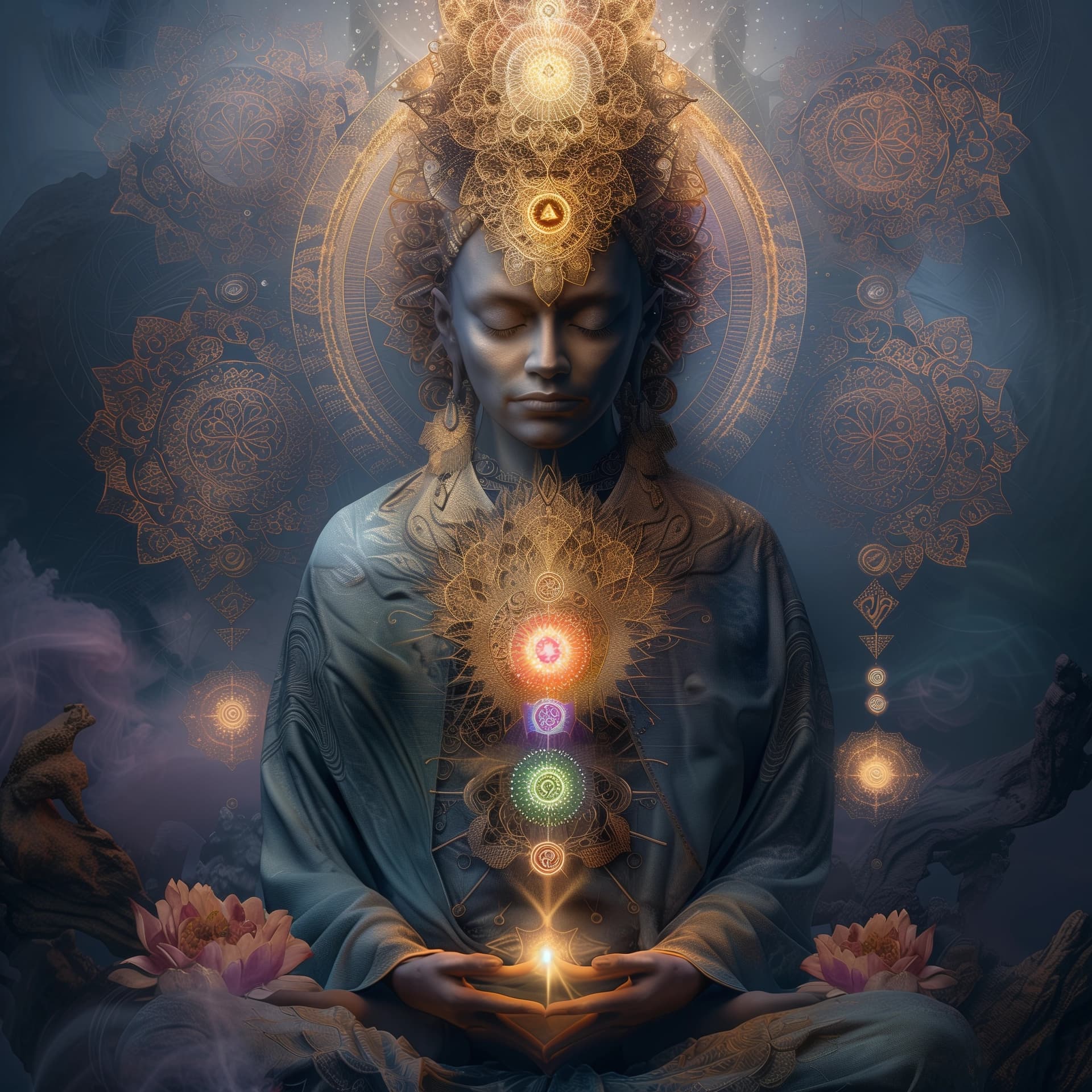 AI generated: A meditating figure with chakra symbols radiating from the heart, set against an abstract background...