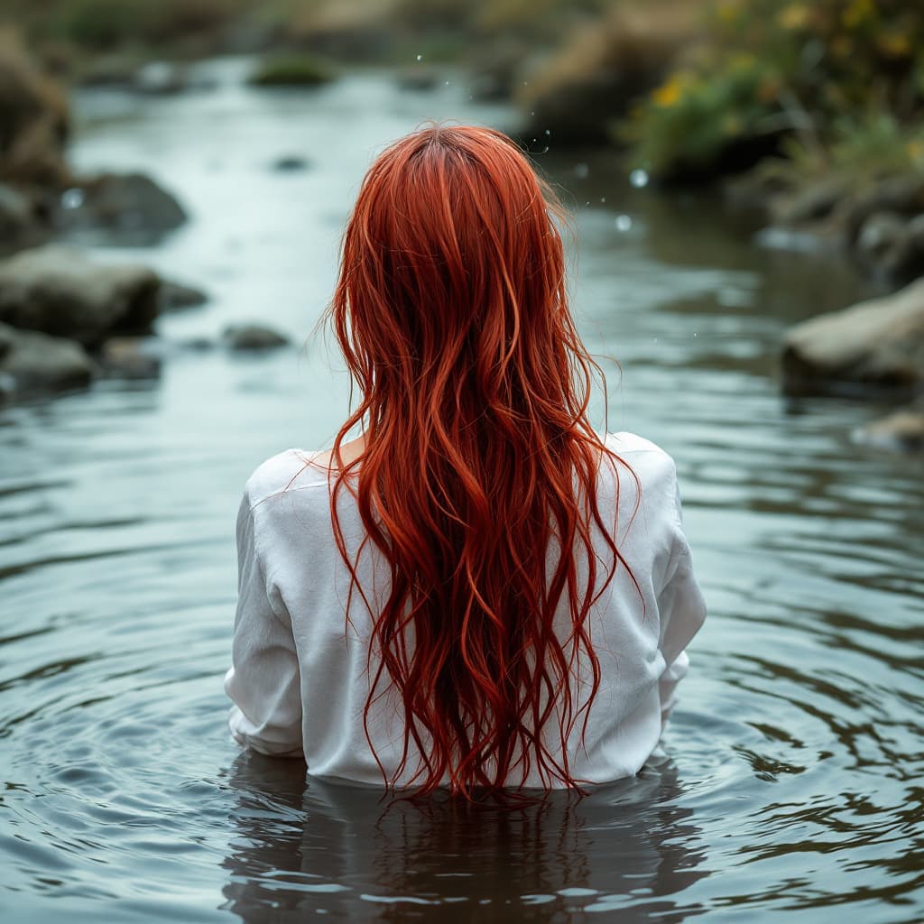 AI generated: Realistic  back view ,woman sitting in water ,wearing white shirt  with  long red hair, washes her h...