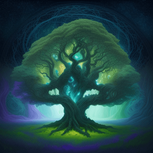 AI generated: bright painting of a tree with stars in the sky, in the style of dreamlike fantasy creatures, multil...