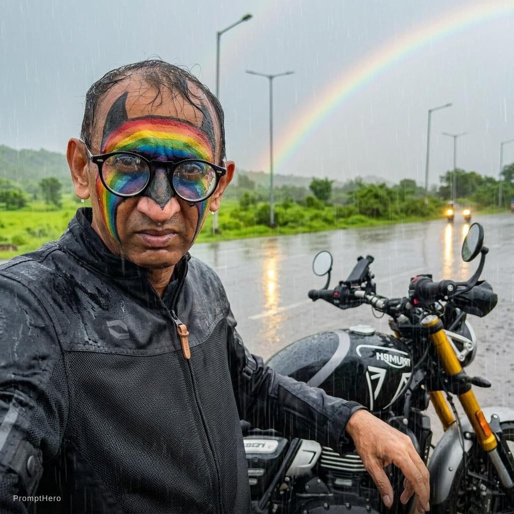 AI generated: Rainy season with rainbow Batman face 