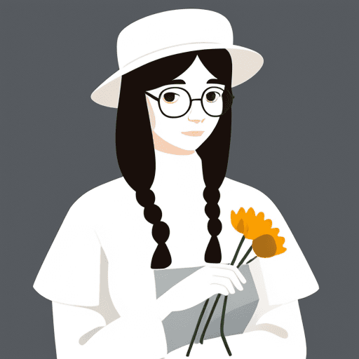 AI generated: A flat illustration of a girl wearing a hat and glasses and holding flowers, minimalist, warm, utili...