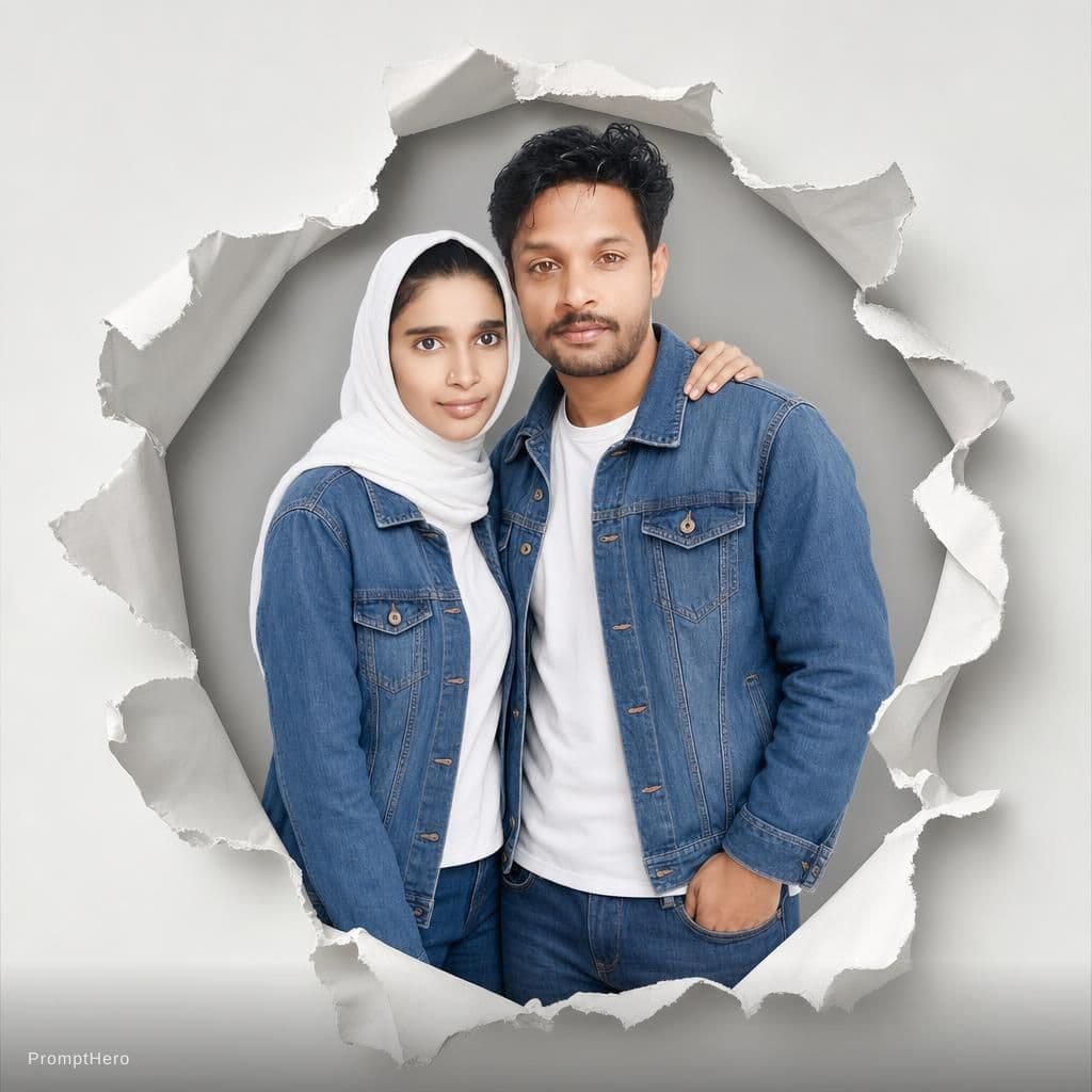 AI generated: Two Moroccan couple portraits, half-body view, emerging from realistic torn paper holes on a light g...