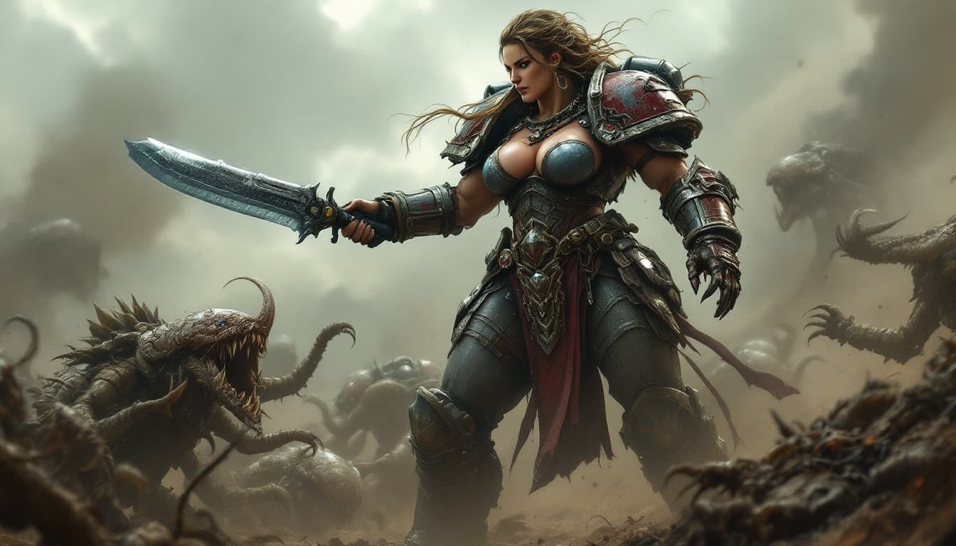 AI generated: Warhammer 40K gorgeous female version warrior, plus size, muscular fit body, 12 feet tall, killing t...