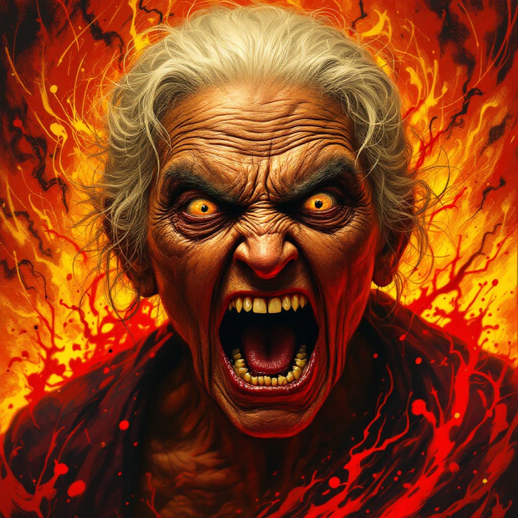 AI generated: An old dark brown-skinned woman with deep wrinkles and a fierce, angry expression. Her eyes are wide...