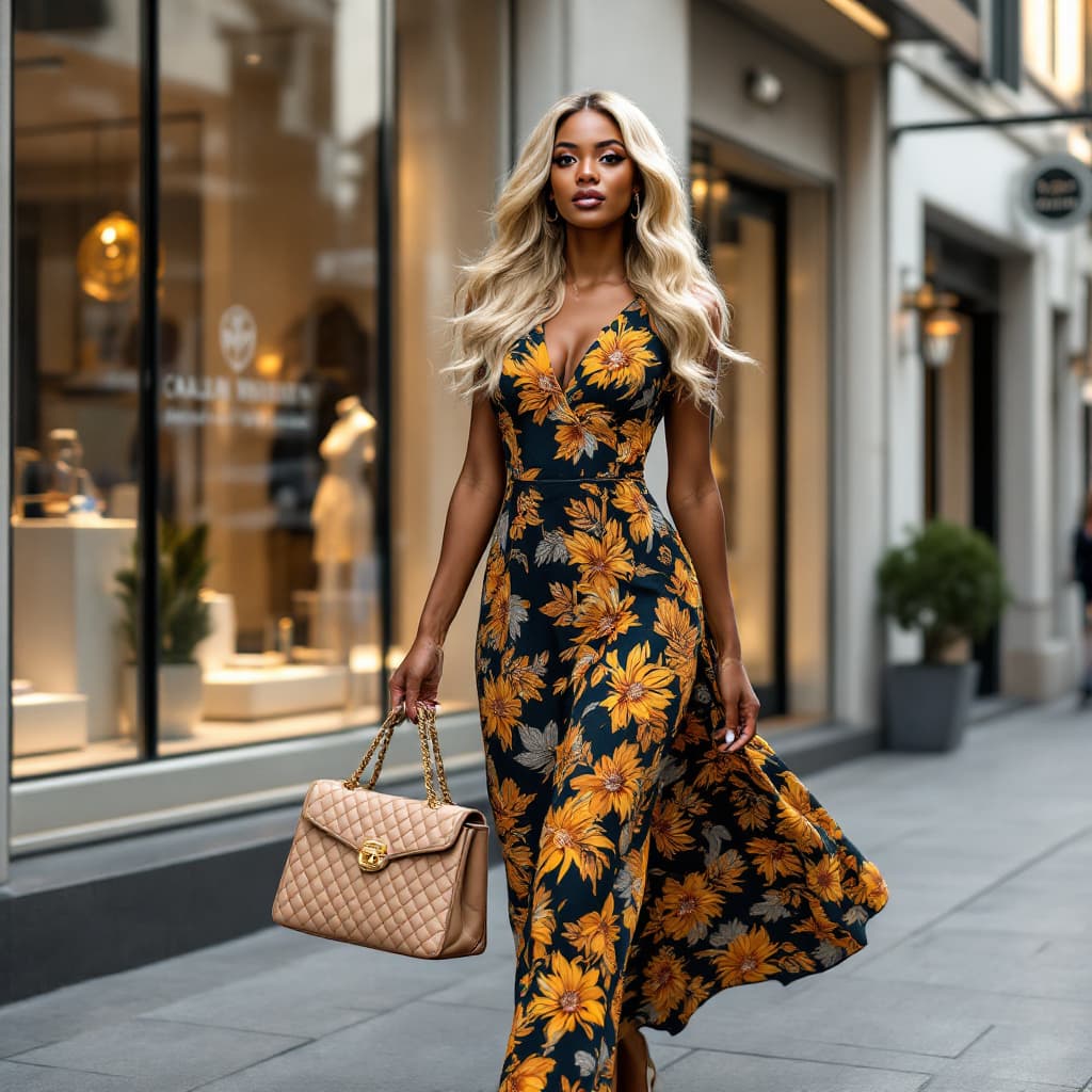 AI generated: Produce a highly detailed, realistic photo of a fashionable black American woman walking along a bus...