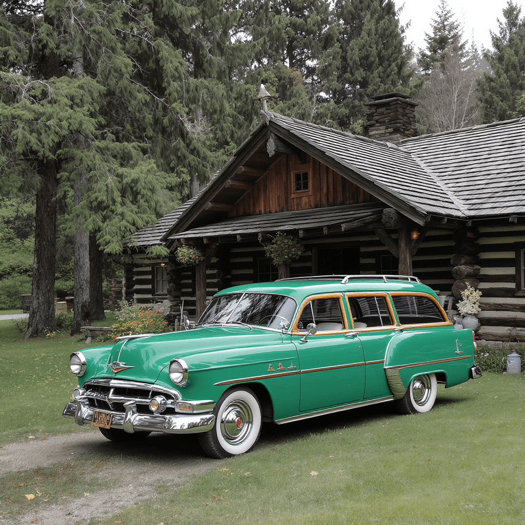 AI generated: vintage green station wagon, log cabin, tall trees
