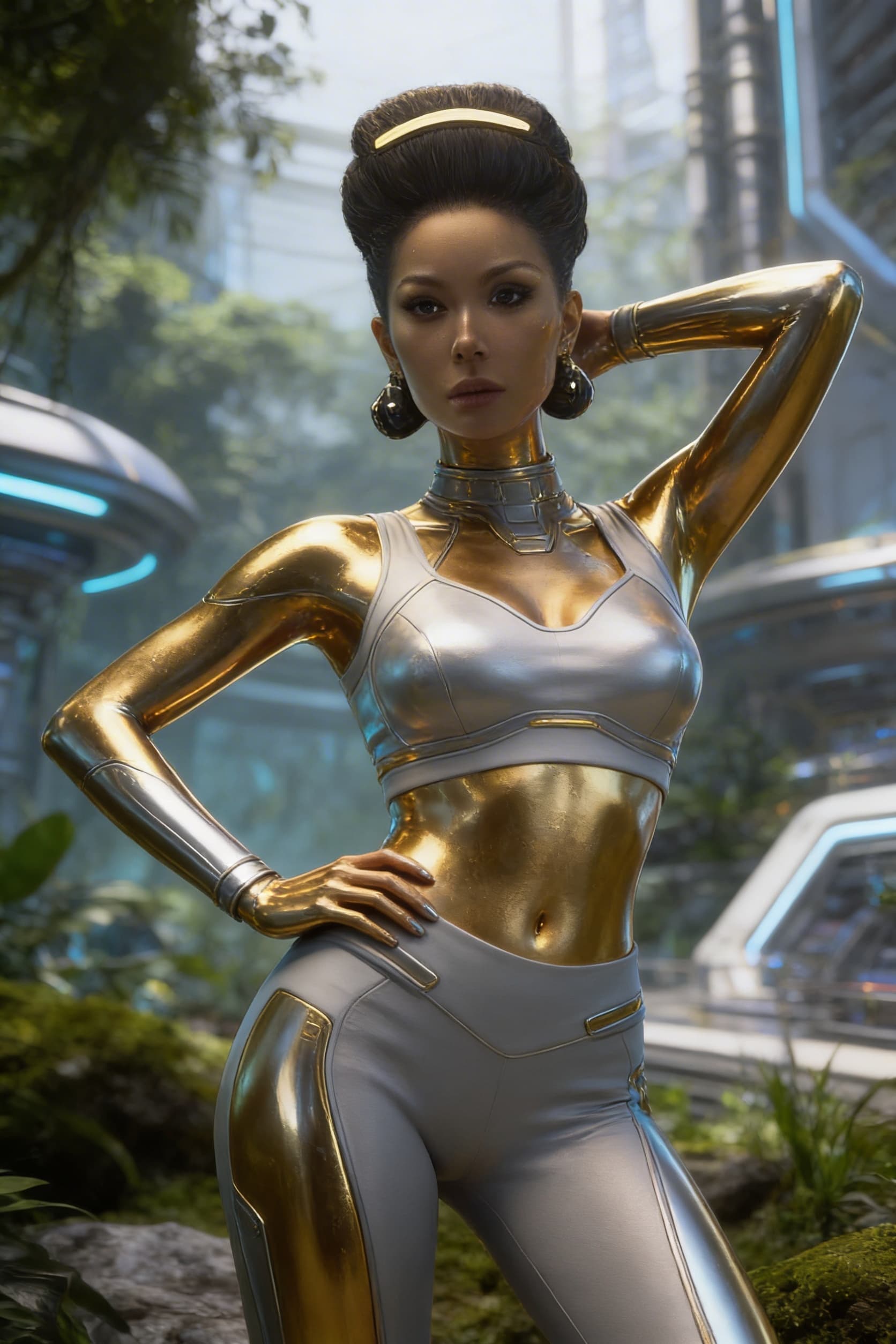 AI generated: Be inspired and create from reference. a golden-silver being, powerful, loving. From flesh to sleek ...