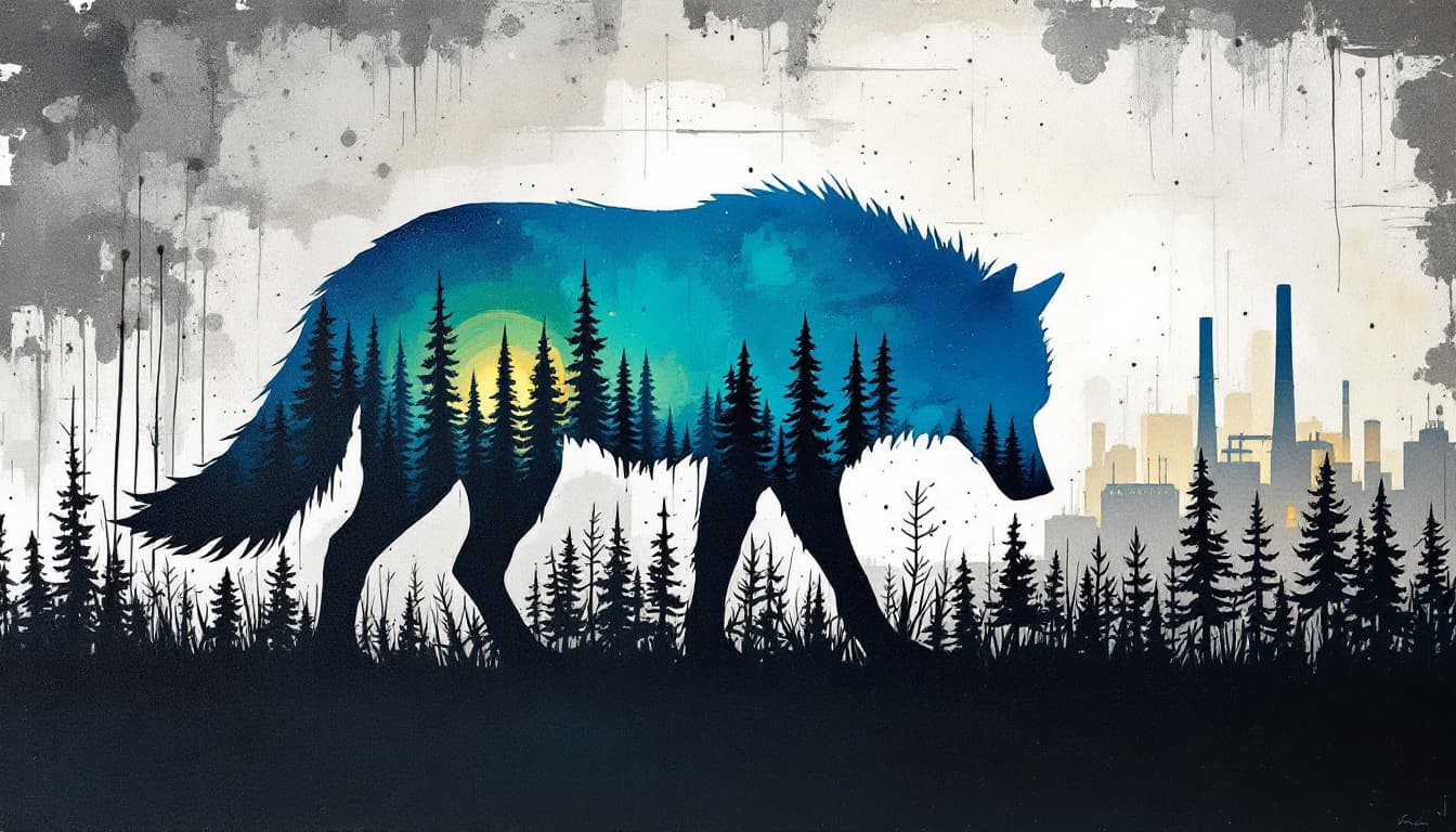 AI generated: oil painting, cardboard like silhouette of a wolf, head down, low tail, dramatic background, no tree...