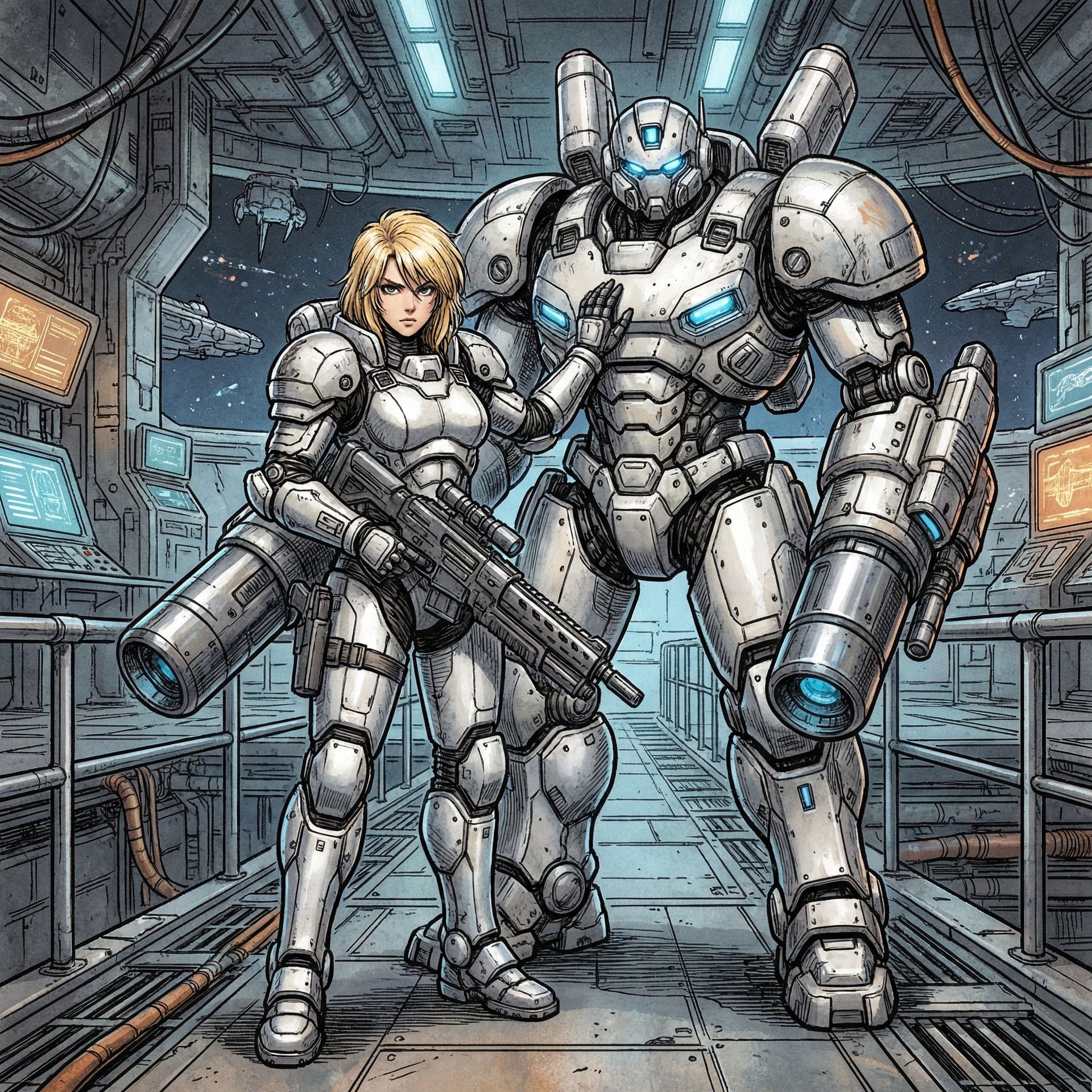 AI generated: A full body shot of a European blondie female warrior in an armored suit stands next to her robot, h...