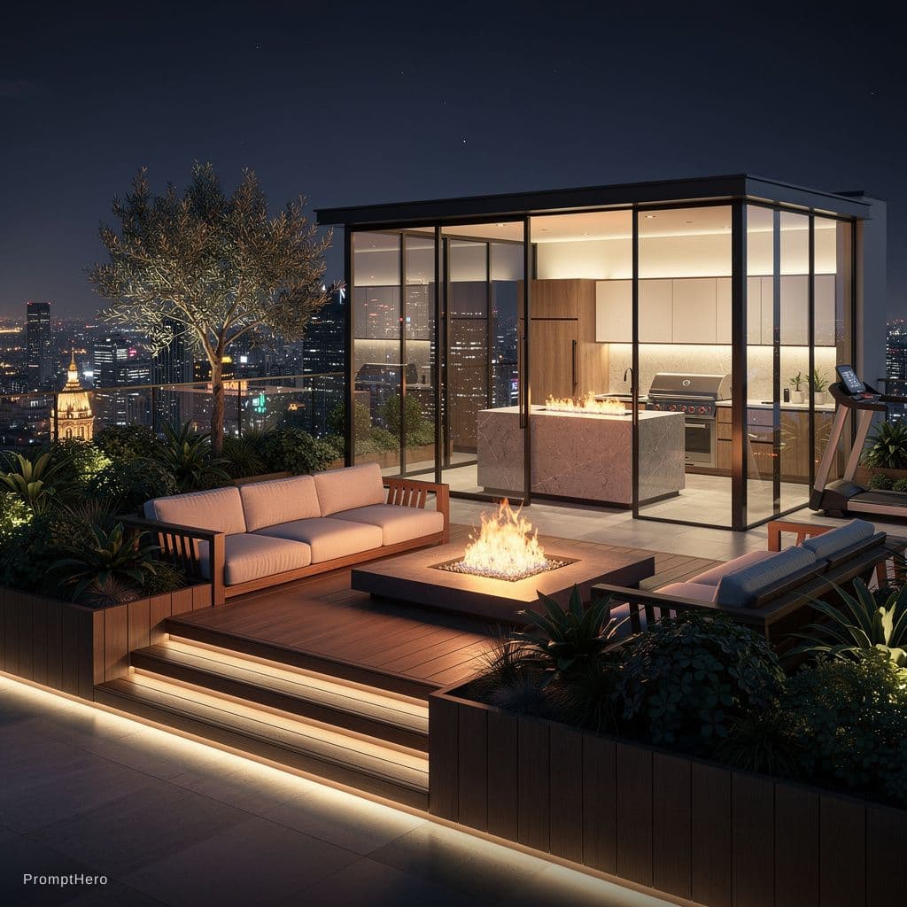 AI generated: Create an ultra-modern luxury rooftop architectural design with exact overall dimensions: 5 meters w...