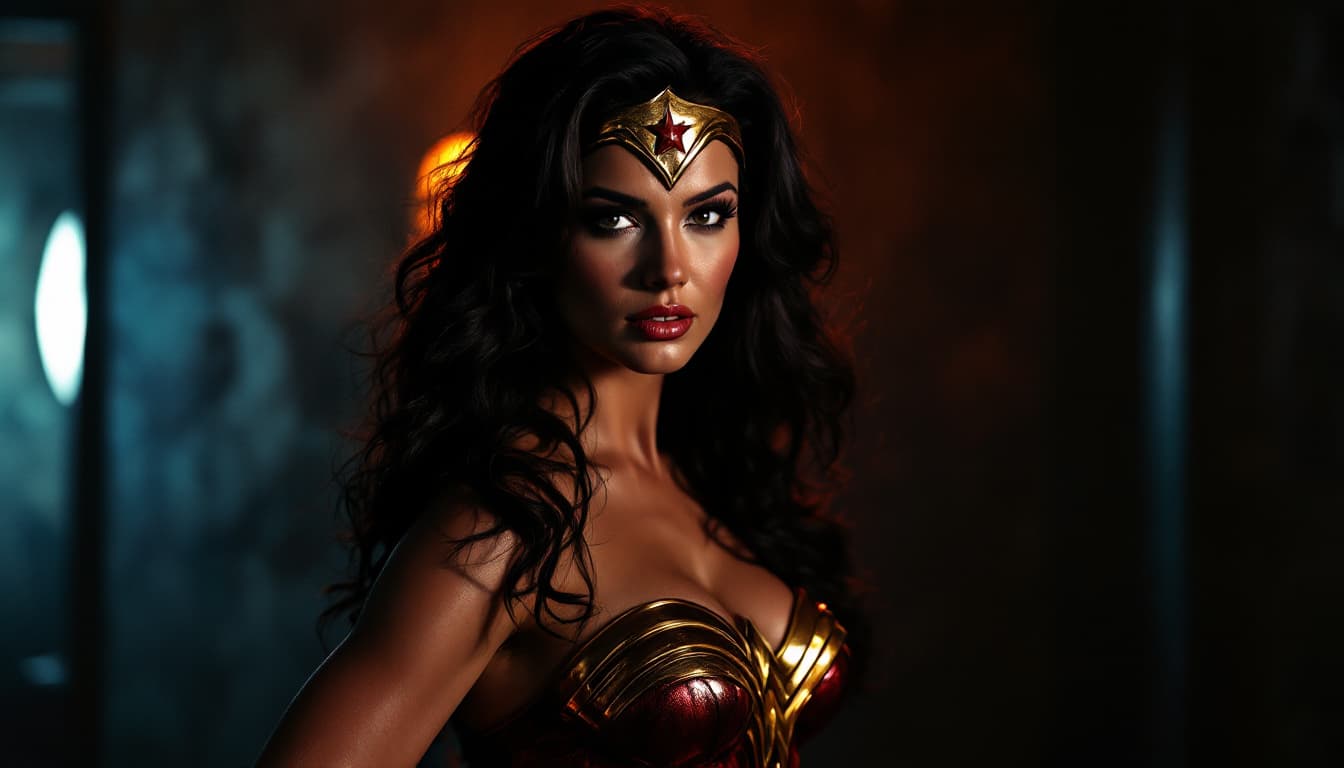 AI generated: 1980's Wonder Woman costume, woman resembling Lynda Carter, striking a heroic pose, dark room ambian...