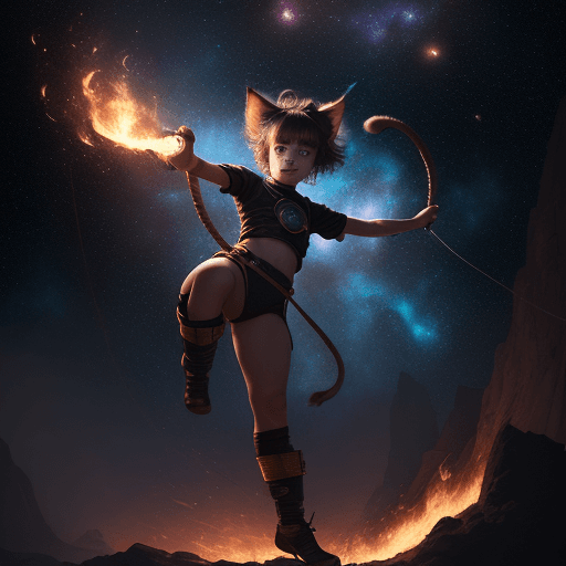 AI generated: cinematic portrait of a young cute female with a monkey's tail, small kitty ears and carre haircut, ...