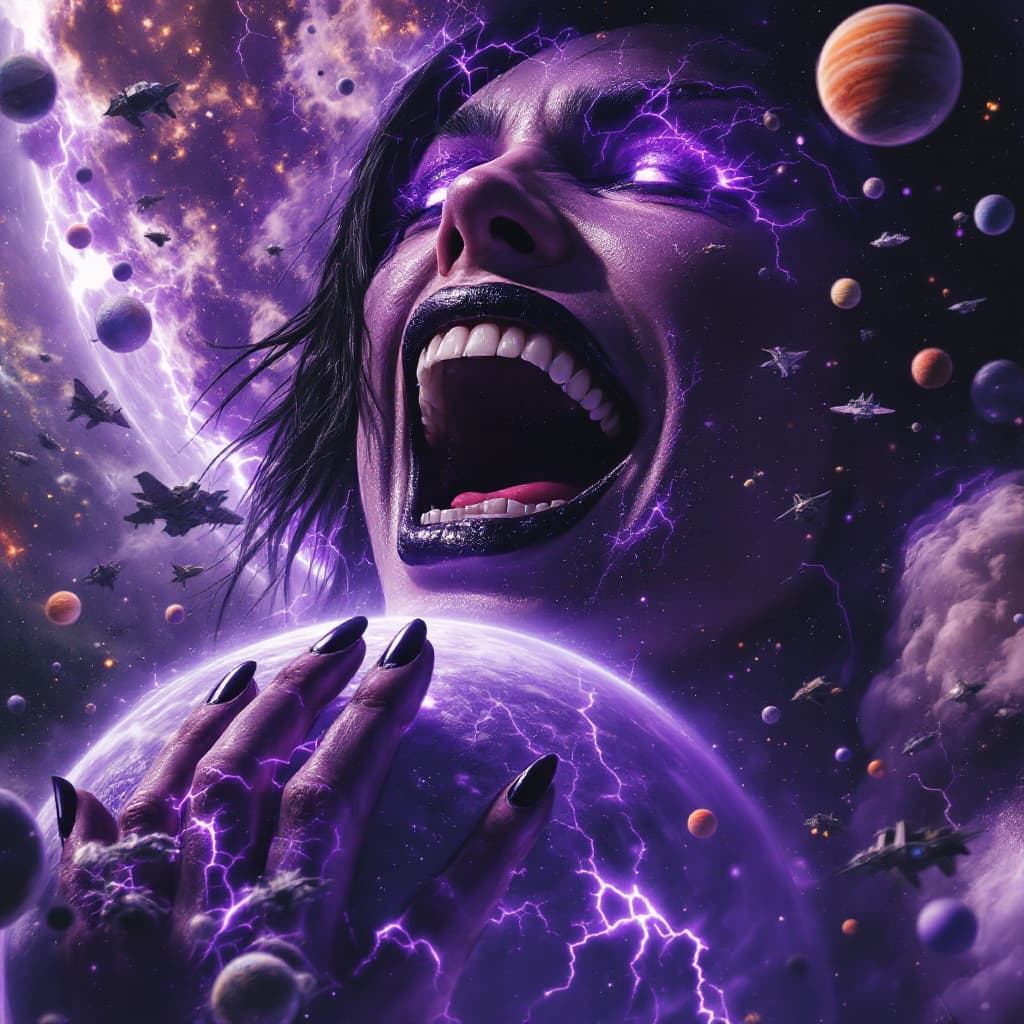 AI generated: enormous giantess Rhea Ripley  from WWE
bigger than a galaxy floating in space, minuscule planets in...