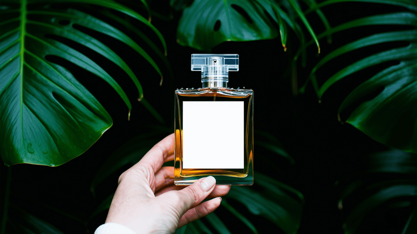 AI generated: High resolution photography of a hand holding from the bottom a luxury perfume bottle with plastic w...