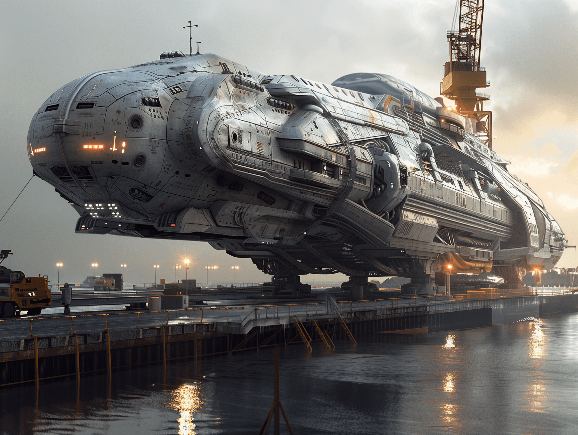 AI generated: concept art of spaceship in the style by Charles Hu and Peter Han, A massive futuristic scifi cargo ...